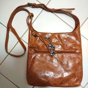 The sak tooled brown leather crossbody purse turquoise beads NEW W/O Tags